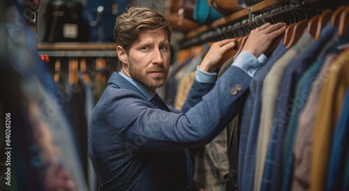A handsome man in his late thirties is trying on suits at the men's store, wearing blue suit and tie, holding up one of them to check it against himself