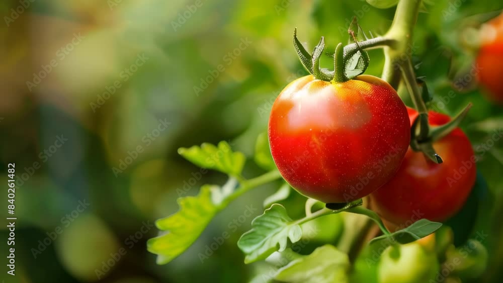 Fresh, ripe tomato on vine in garden setting Fresh, ripe tomato on vine in garden setting