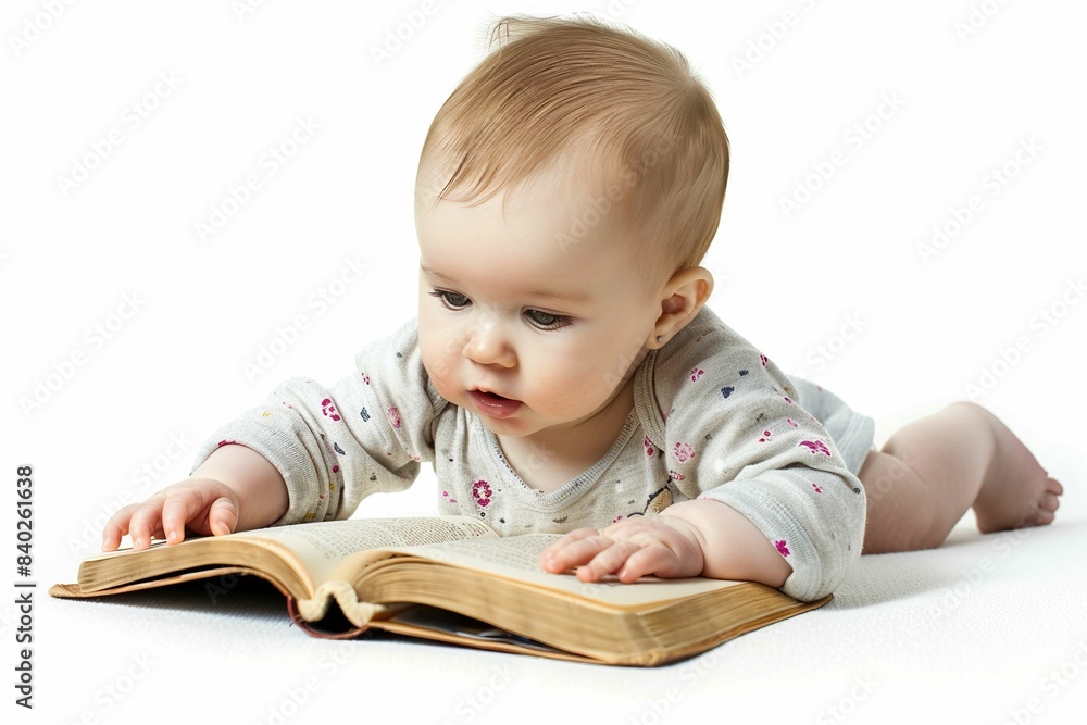 baby looking at a book, isolated on white baby looking at a book, isolated on white