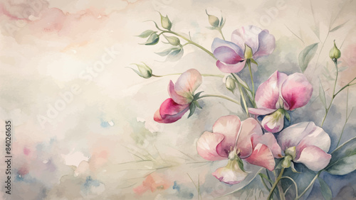 Vintage sweet peas flower watercolor background