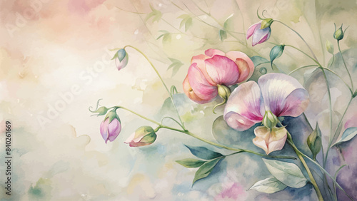 Vintage sweet peas flower watercolor background