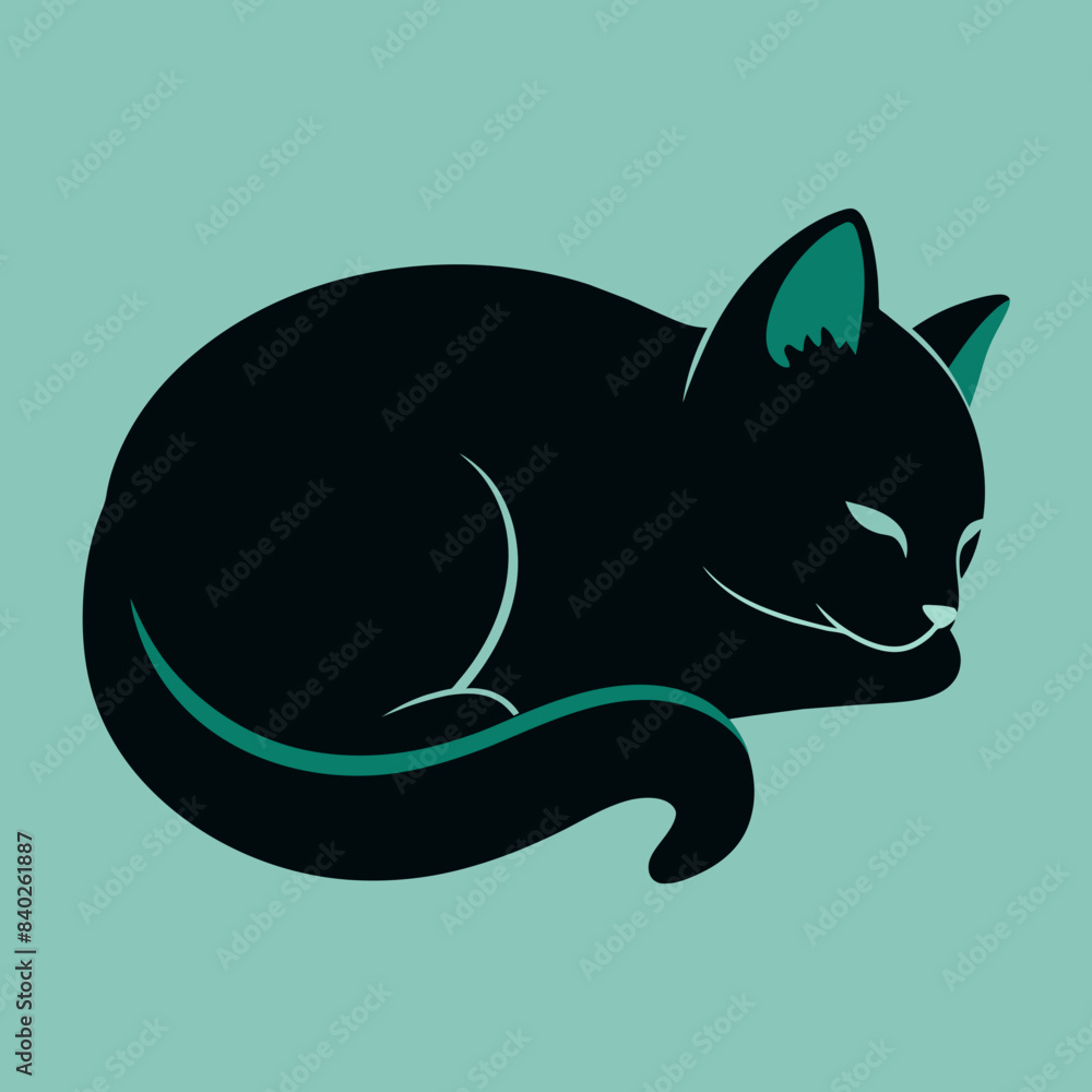 Stylized Illustration of a Black Cat Curled Up and Sleeping Against a Solid Teal Background - Simple, Clean Graphic for Pet, Animal, and Relaxation Themes. Stylized Illustration of a Black Cat Curled Up and Sleeping Against a Solid Teal Background - Simple, Clean Graphic for Pet, Animal, and Relaxation Themes.