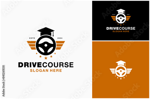 Steering Wheel Car Driving School Drive Course Driver Study Training Vector Logo Design Illustration