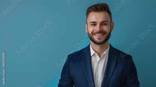 Confident Young Chief People Officer Smiling Happily in Formal Business Attire on Solid Color Background photo