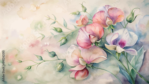 Vintage sweet peas flower watercolor background