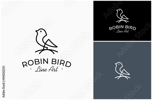 Robin Bird Perched Sparrow Pigeon Dove Branch Nest Line Art Vector Logo Design Illustration