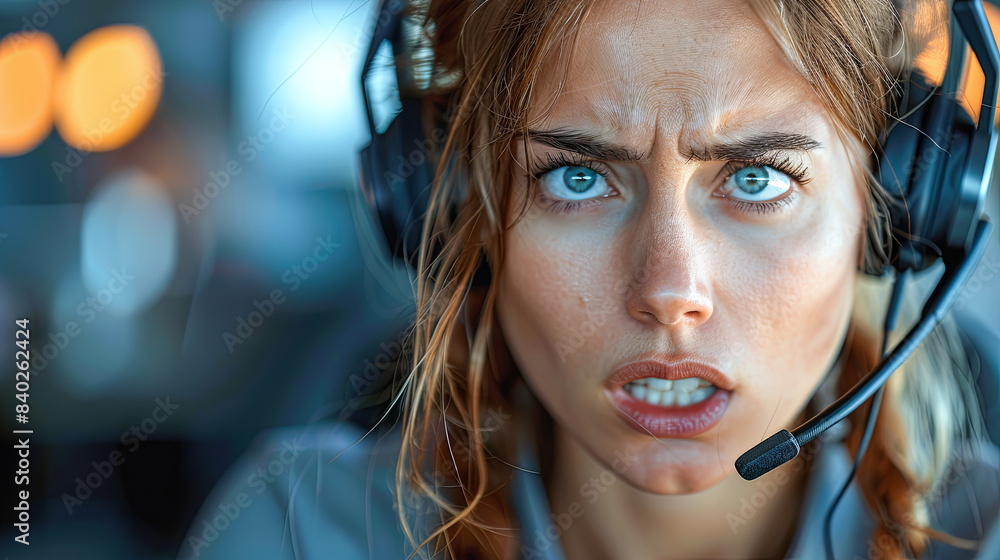 Close-up portrait of a young female customer service representative with headset Close-up portrait of a young female customer service representative with headset