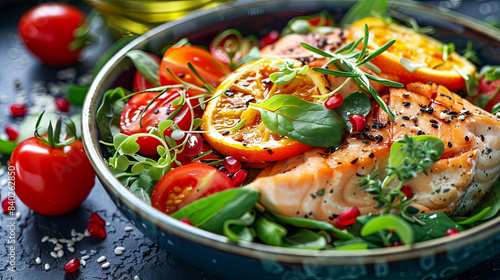 Salmon salad with tomatoes, arugula and orange. Healthy food.