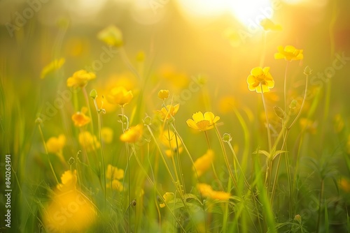 A field of yellow wildflowers at sunset  with a soft focus and warm lighting