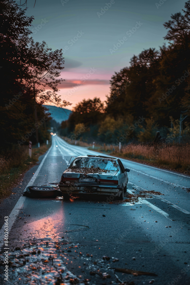 Abandoned Car on Empty Road at Sunset Abandoned Car on Empty Road at Sunset