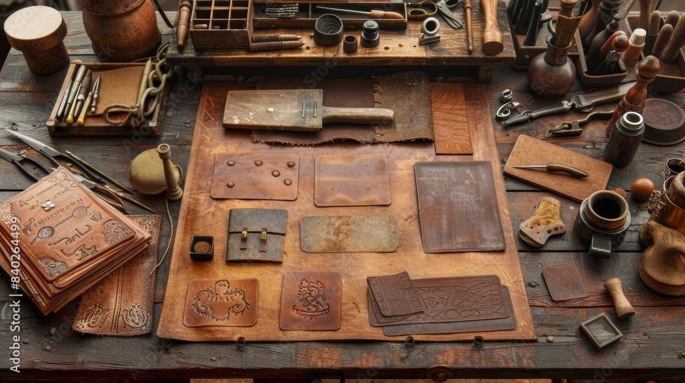 Artisan's Haven Handcrafted Leather Goods Tools on Workbench Artisan's Haven Handcrafted Leather Goods Tools on Workbench
