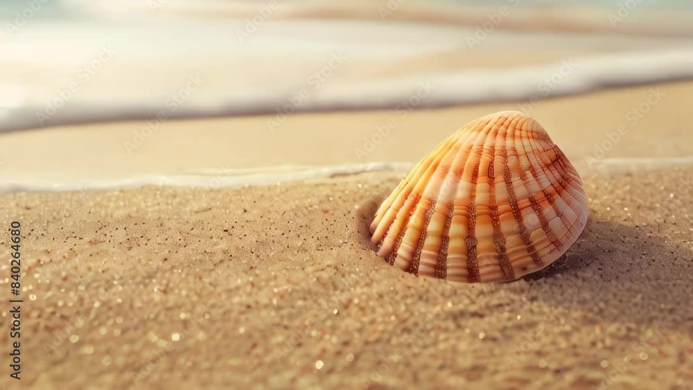 Close-up of seashell on sandy beach near ocean waves Close-up of seashell on sandy beach near ocean waves