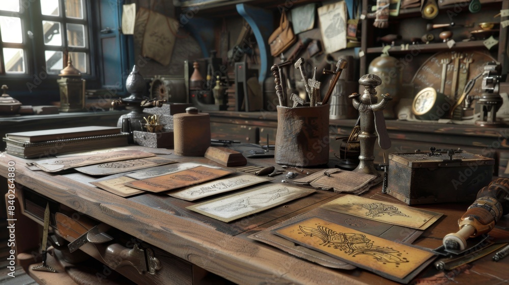 Artisan's Haven Handcrafted Leather Goods Tools on Workbench Artisan's Haven Handcrafted Leather Goods Tools on Workbench