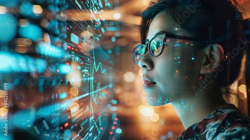 A woman in glasses examining a 3D holographic interface of coding data, with digital lines flowing around her