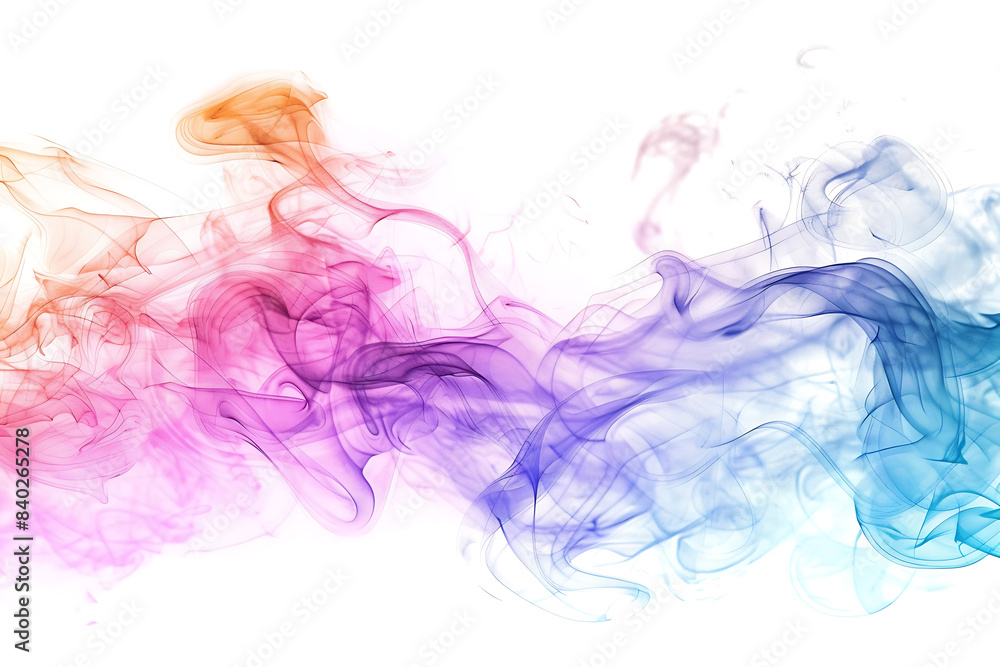 A mesmerizing display of colored smoke swirling gracefully against a pristine white background, creating a captivating visual effect.