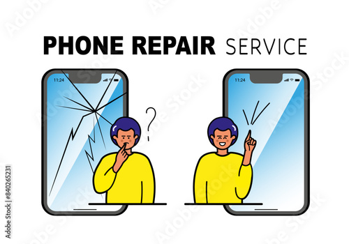 Phone repair service banner template. Man has an Idea. Smartphones with broken and good screens. Before and After. Advertising concept. Vector illustration