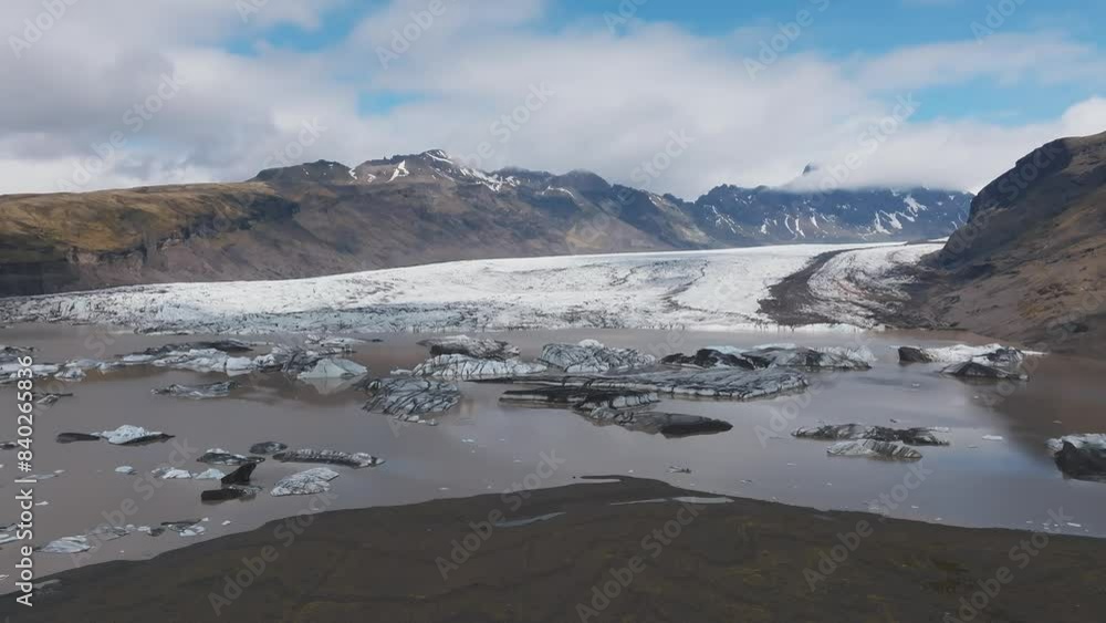 Aerial beautiful spring day view of Svínafellsjökull Glacier, Iceland. Skaftafell glacier, Vatnajokull National Park in Iceland. Aerial beautiful spring day view of Svínafellsjökull Glacier, Iceland. Skaftafell glacier, Vatnajokull National Park in Iceland.