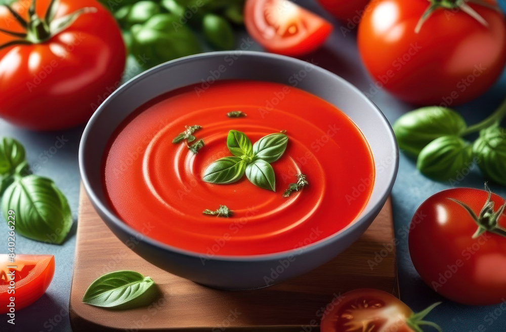 Indulge in the vibrant goodness of freshly made tomato soup adorned with basil leaves Indulge in the vibrant goodness of freshly made tomato soup adorned with basil leaves