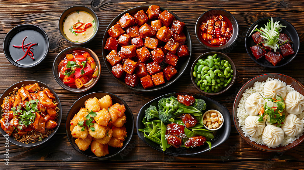 Chinese food set on a wooden background. Top view, flat lay Chinese food set on a wooden background. Top view, flat lay