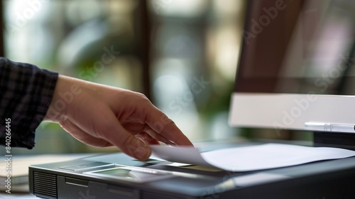 A hand placing a piece of paper on a flatbed scanner with a laptop in the background.