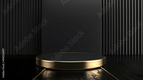 Minimal black scene with golden lines Cylindrical gold and black podium on a black background 3D stage for displaying a cosmetic product