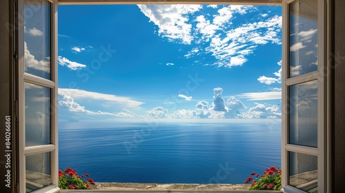 A Window to Serenity  Coastal View With Puffy Clouds