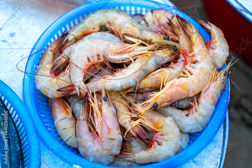 Fresh shrimps seafood are sold at the seafood market in central Vietnam