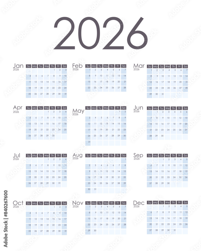 Calendar 2026 vertical. Week starts on Sunday. Vector design. Stock ...
