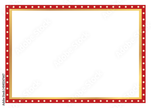 Rectangle vintage light red gold frame. Retro rectangle bulb frame. Banner space for advertisement, promotion and text. Vector illustration