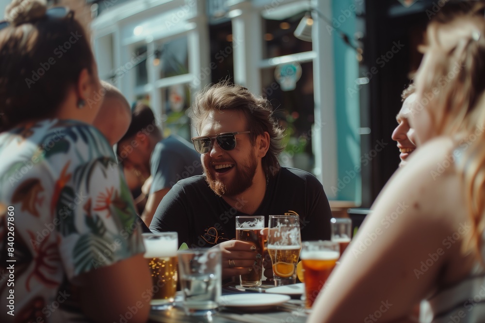 A group of young people enjoy drinks at a bar on a sunny day A group of young people enjoy drinks at a bar on a sunny day