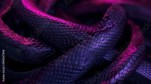 a close up and high detail of black snake skin with pink light reflections