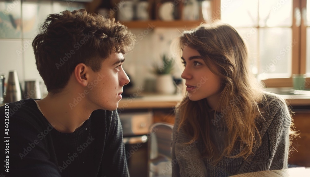 Intimate conversation in cozy kitchen setting Intimate conversation in cozy kitchen setting