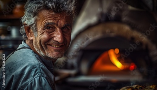 Joyful senior baker by brick oven