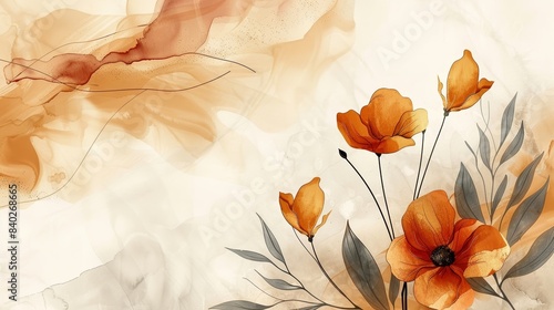 Elegant watercolor illustration of orange flowers with soft background, perfect for nature-themed designs and artistic projects.