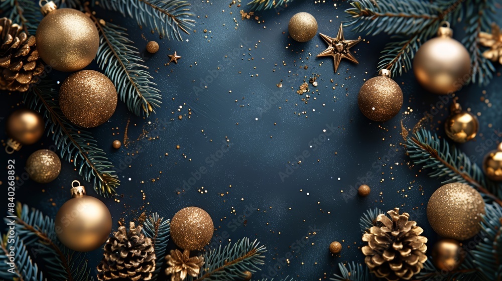 Fototapeta premium Festive Christmas frame with golden pine cones, ornaments, and fir tree branches on a dark blue background, creating a holiday atmosphere.
