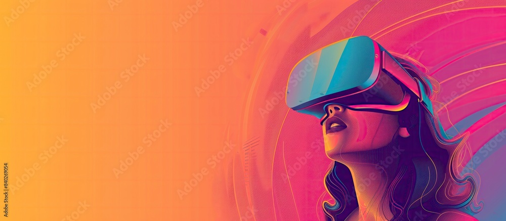 woman in VR glasses grainy texture orange copy space background woman in VR glasses grainy texture orange copy space background