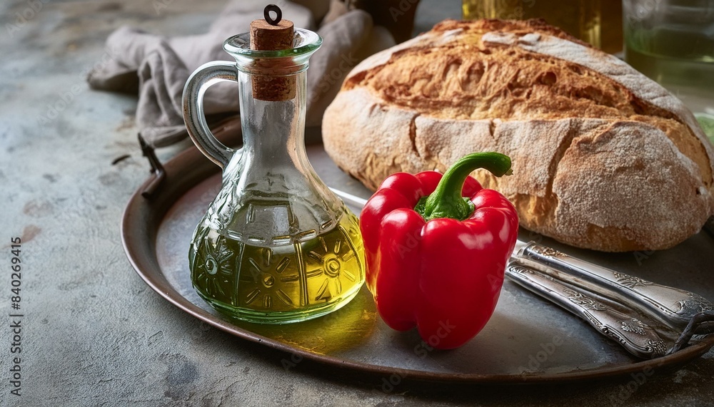 food still life with red pepper, olive oil and bread; concept of a healthy diet for whole-grain foods or ingredients food still life with red pepper, olive oil and bread; concept of a healthy diet for whole-grain foods or ingredients