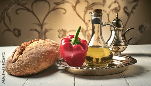 food still life with red pepper, olive oil and bread; concept of a healthy diet for whole-grain foods or ingredients