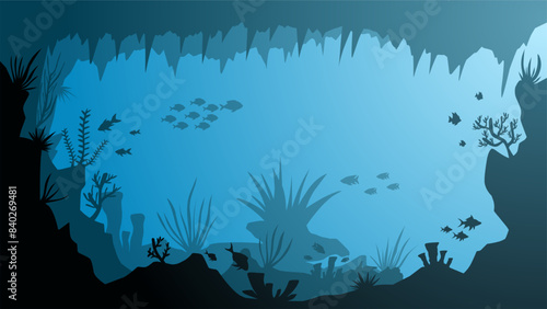 Landscape illustration of underwater cave with coral reefs and fishes