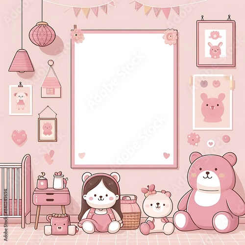 A pink room with a doll and teddy bears informative unique creative Vibrant.