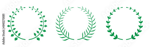 Leaf circle template design for logo set of three in green color. Winner chaplet. Laurel wreath silhouette icon set. Vintage olive leaves emblem. Circle tree branch success symbol. Vector illustration