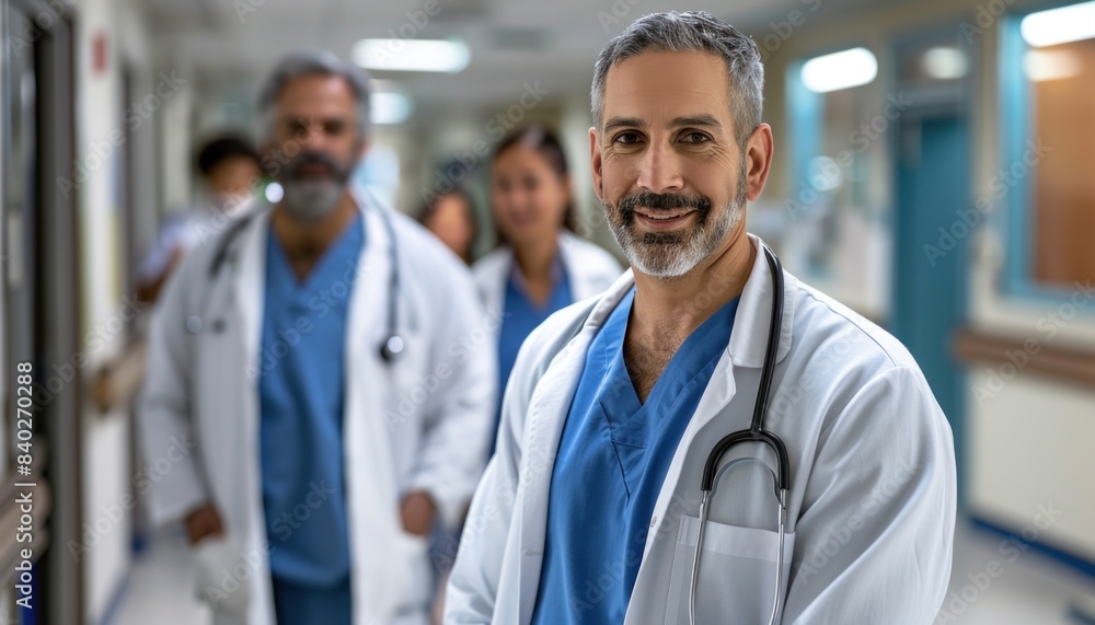 Confident male doctor with team in hospital corridor Confident male doctor with team in hospital corridor