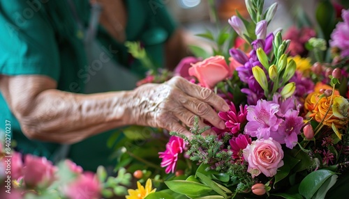 Close-up of a florist s hands crafting a vibrant floral arrangement