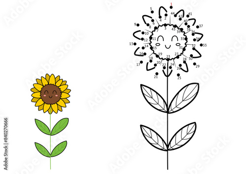 Dot to dot game for kids. Connect the dots and draw a cute sunflower. Farm puzzle activity page. Vector illustration