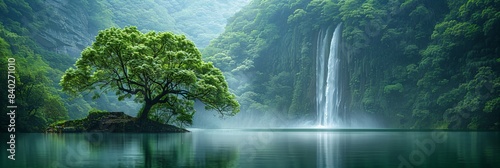 a fantastic waterfall in impressive green exotic nature with lake and mountains
