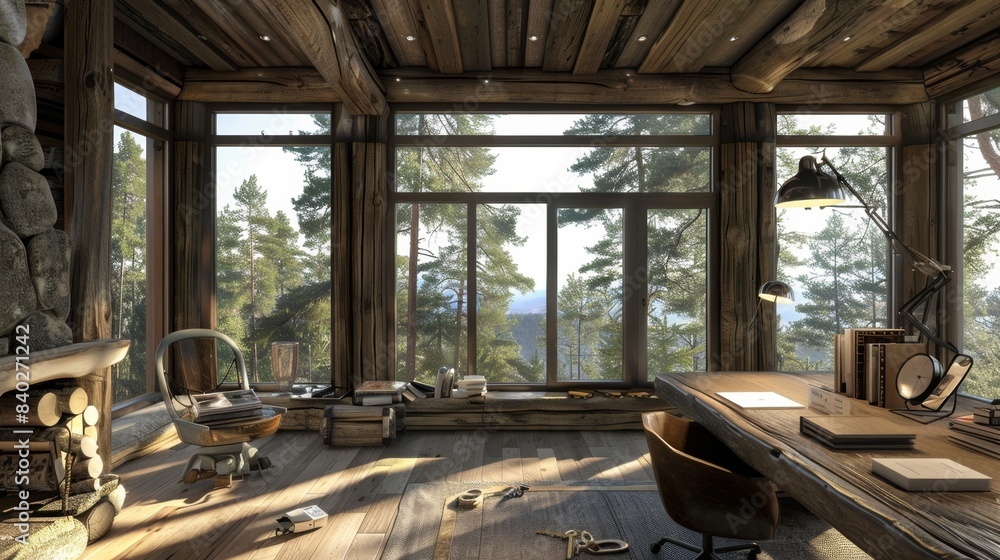 Rustic Charm Luxury Cabin Rental Office with Forest View and Blank Business Cards Perfect for Your Next Getaway Rustic Charm Luxury Cabin Rental Office with Forest View and Blank Business Cards Perfect for Your Next Getaway