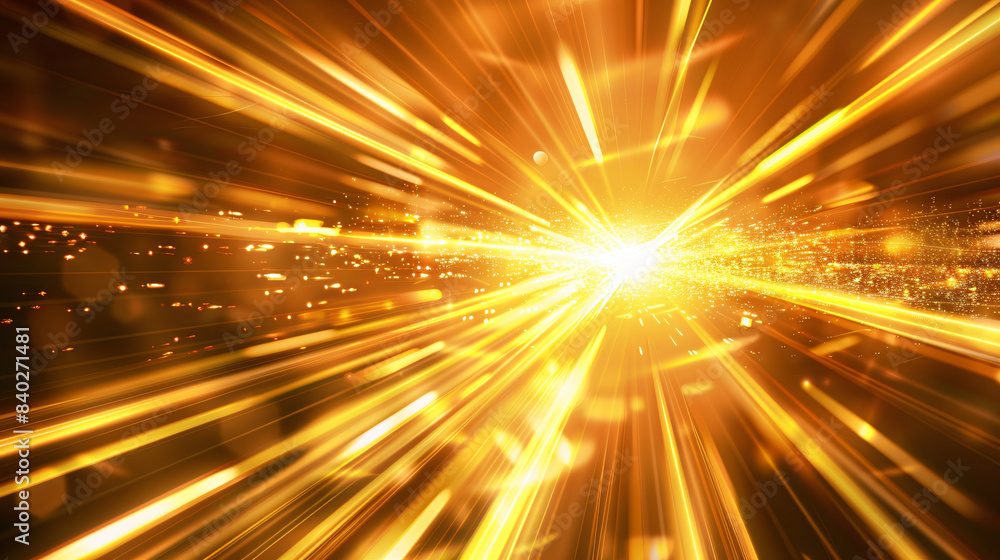 Abstract image of intense golden rays and particles zooming outward, depicting energy and movement Abstract image of intense golden rays and particles zooming outward, depicting energy and movement