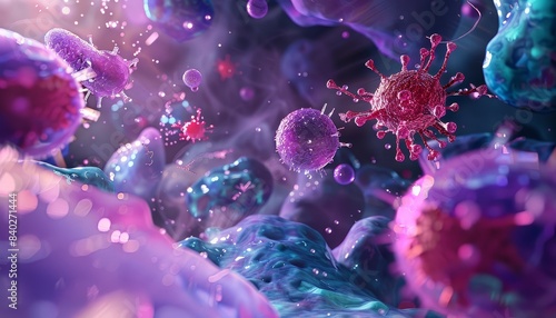 Microscopic Warfare: 3D Illustration of Cells in a Vivid Biological Battle photo