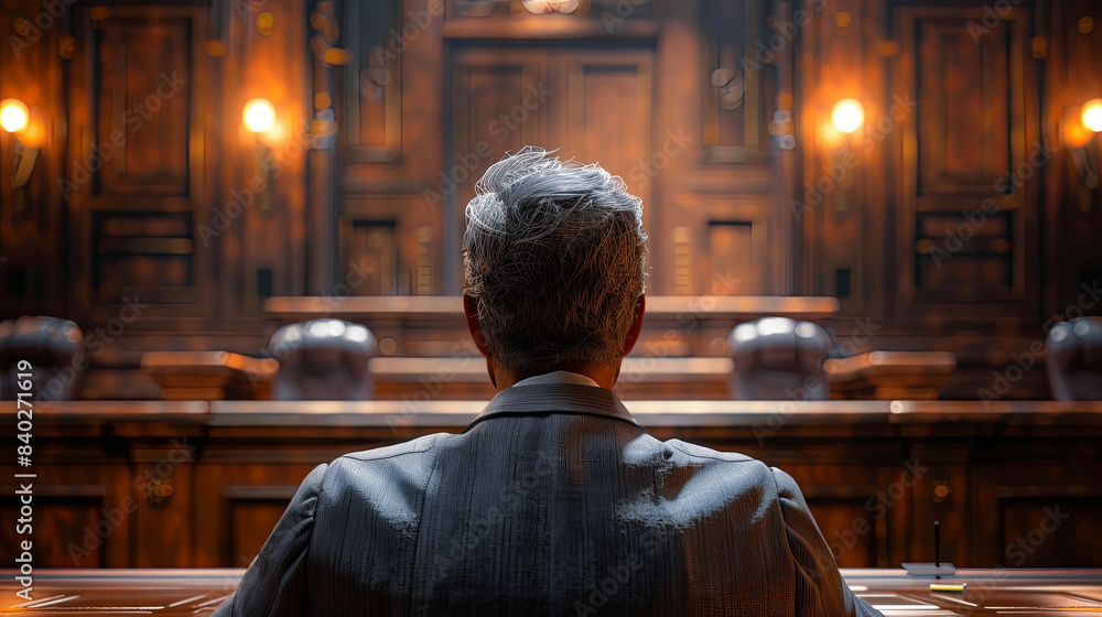 Rear view of a man sitting at the table in a courtroom Rear view of a man sitting at the table in a courtroom