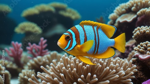 A detailed shot of a tropical fish swimming in a vibrant coral reef, showcasing the vivid colors and intricate patterns of marine life